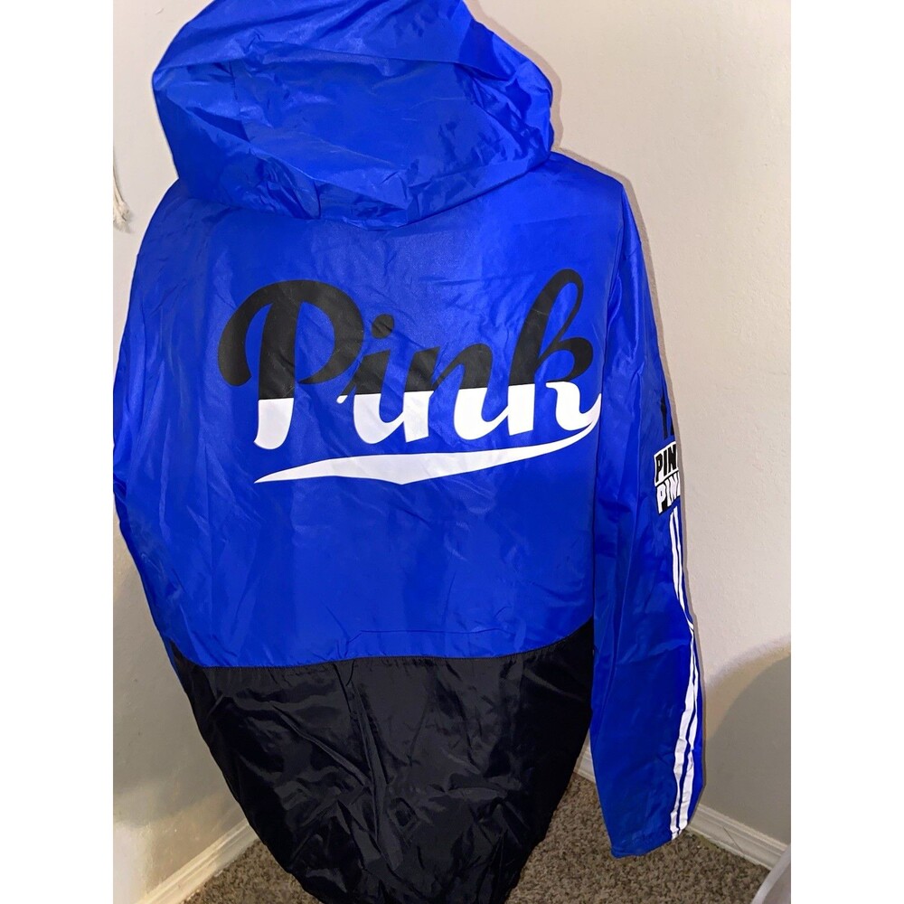 PINK Victoria’s Secret Blue/Black Colorblock Hooded Full Zip Windbreaker M